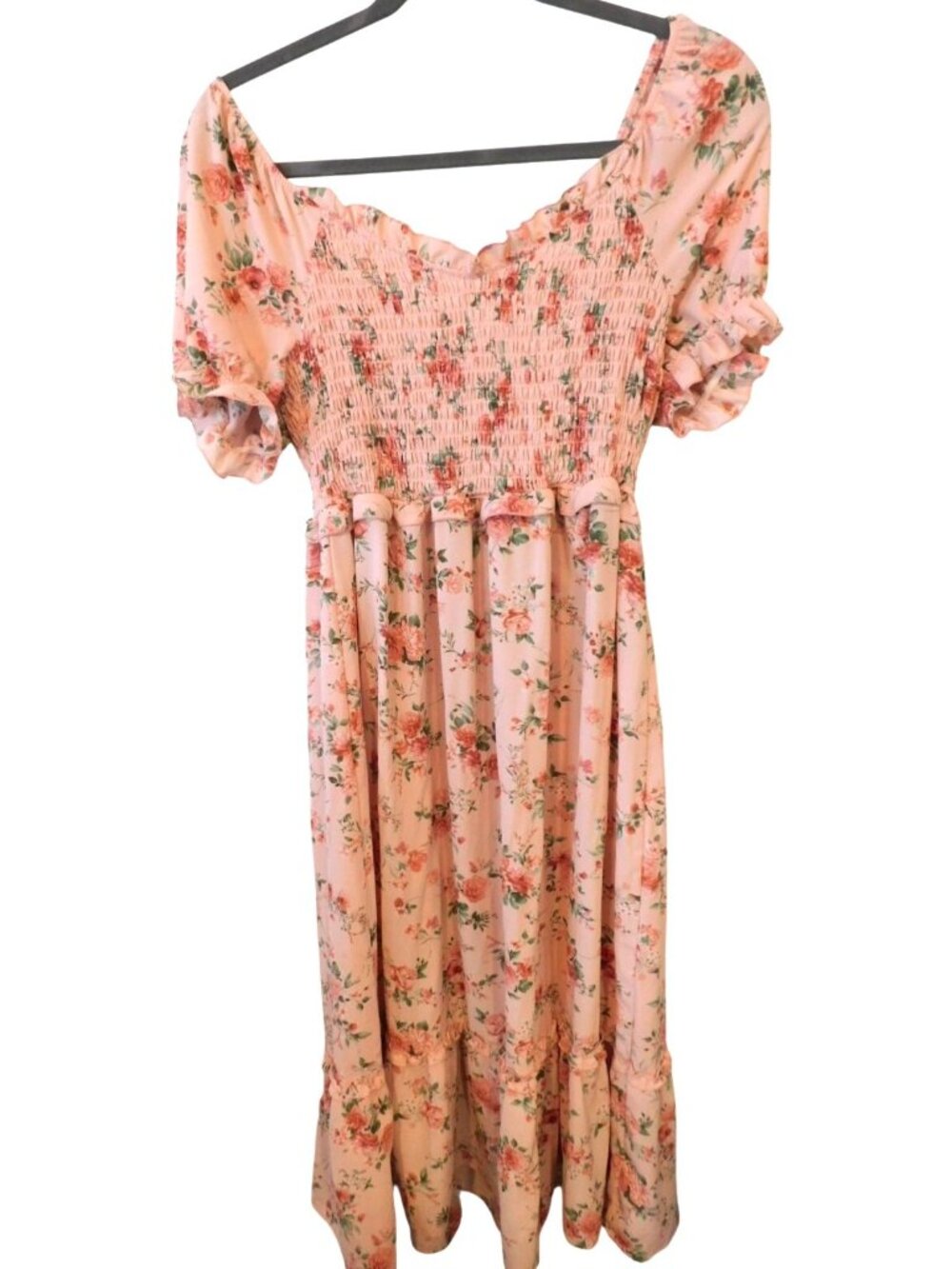 Inspired Hearts Sz 2X Pink Floral Smocked Midi Dress Puff Sleeve Cottagecore